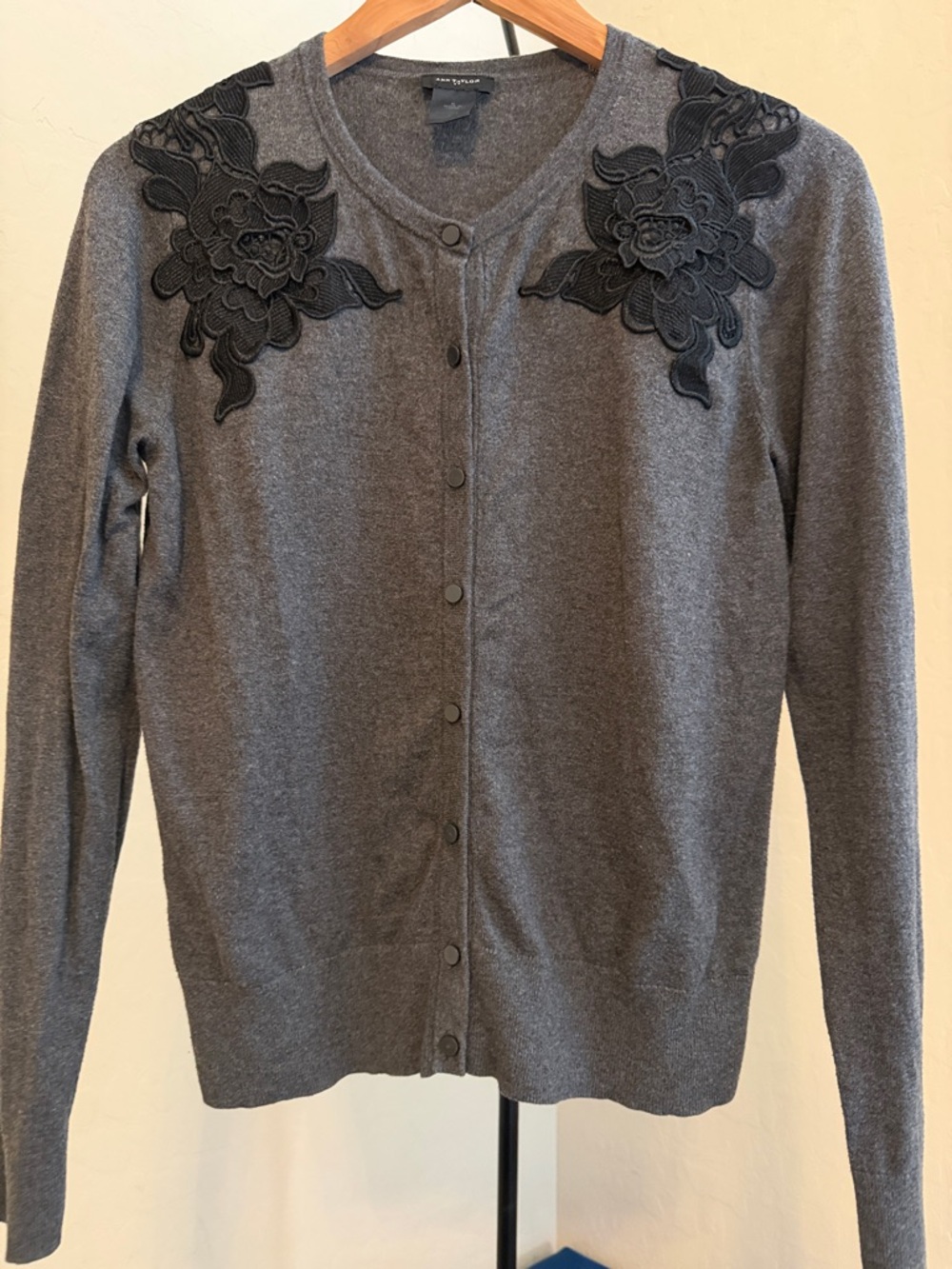 Papermoon Gray Cardigan with Black Floral Appliqué Shoulders size S